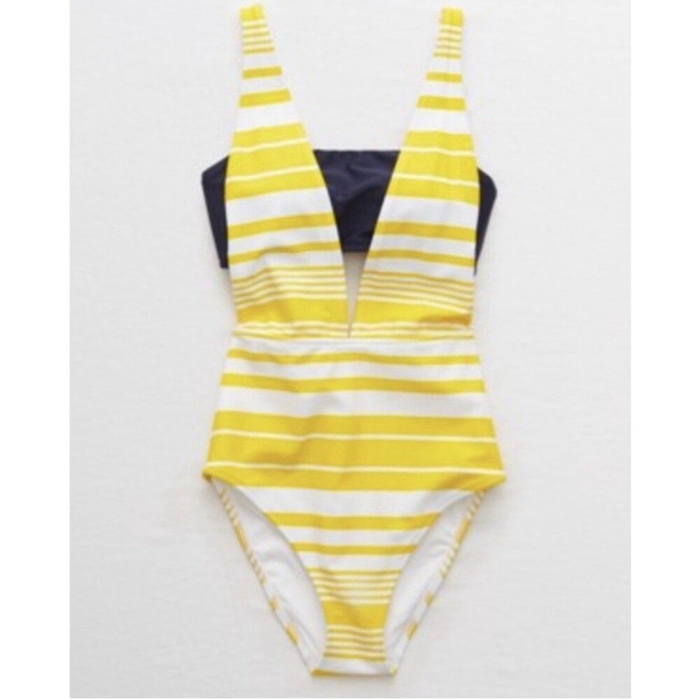 NWT Aerie V-Neck Full Coverage Layered One Piece Swimsuit Medium Yellow Navy